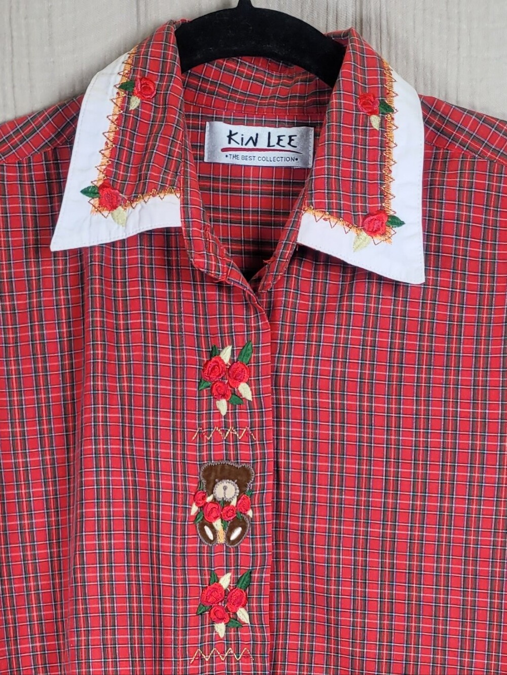 Vintage Kin Lee Red Plaid Embroidered Teddy Bear Button-Up Shirt Christmas Plaid